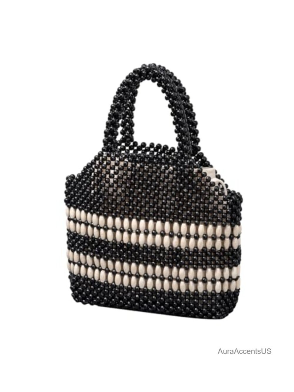 Wooden Beaded Top Handle Purse Handmade Woven Satchel Clutch Bag